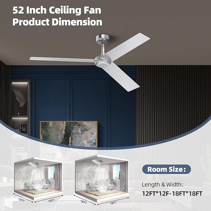TALOYA 52 inch Modern Ceiling Fan with Lights,Remote Control,3 Metal Blades,Silver Finish,6-Speed,Dimmable, Noiseless Reversible DC Motor,Indoor/Outdoor Ceiling Fan for Living Room Bedroom patio