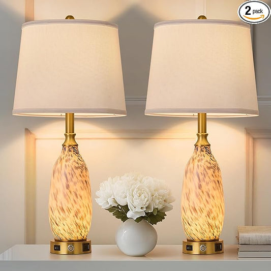 AIDENOEY 26" Modern Art Glass Table & Bedside Lamp, Stepless Dimmable Base + Dimmable 3-Color Light, USB A/C Charging Ports, Touch Control & Switch for Bedroom, Living Room, Office, Study