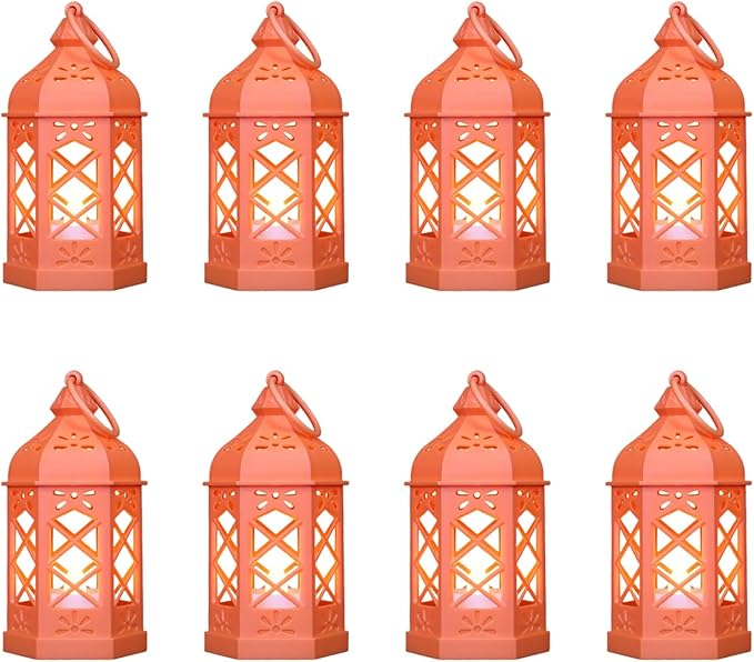 8-Pack Mini Lanterns for Ramadan, Halloween, Christmas, Small Lanterns with Flickering LED Candle for Enchanted Forest Wedding, Moroccan Lantern for Table Centerpiece, Medieval Decor, Orange