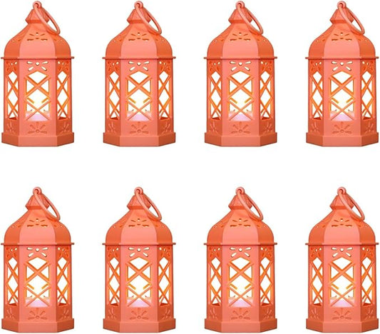 8-Pack Mini Lanterns for Ramadan, Halloween, Christmas, Small Lanterns with Flickering LED Candle for Enchanted Forest Wedding, Moroccan Lantern for Table Centerpiece, Medieval Decor, Orange