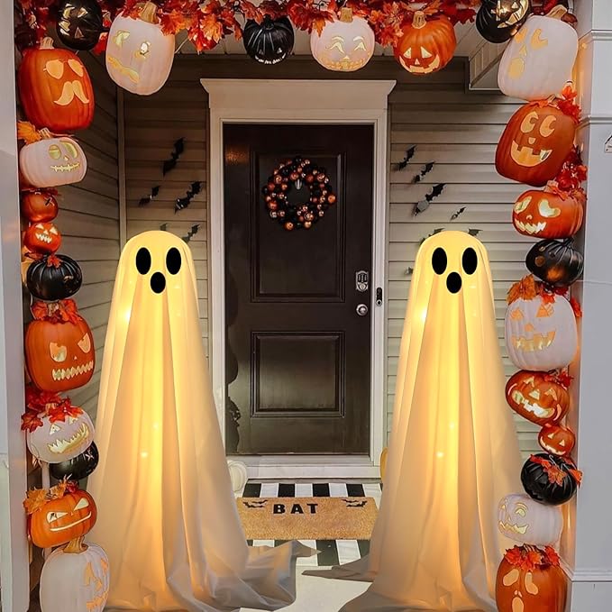 Halloween Decorations Outdoor -DIY 2PCS Large Lighted White Cloth Ghosts-Cute Ghosts with 30 LED String Lights-Light Up Holiday Party Home Porch Yard Decorations