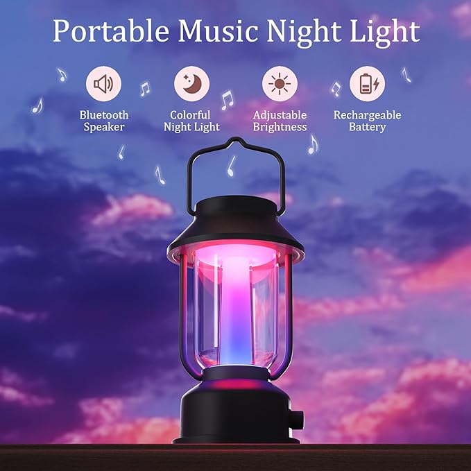 Retro RGB Portable Night Light with Bluetooth Speaker, Constant Light and Fantasy Color Two Modes, Romantic Atmosphere Lamp, Vintage Camping Light with Handle (Black)