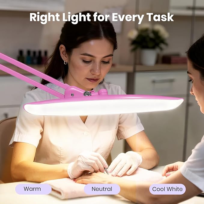 Neatfi XL LED Desk Lamp with Clamp, 2200 Lumens, 20W, 20-Inch Wide Head, Dimmable 4 Brightness Levels, 3 Color Modes 3000K–6000K, Task Light for Home Office, Crafts, Workbench (CCT, Pink)