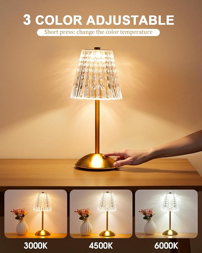 Cordless Touch Table Lamp, 3500mAh LED Rechargeable Small Dask Lamp, 3 Colors Dimmable Battery Operated Crysta Lamp for Bedroom Restaurant Kitchen Home Decor, Gold, 2pcs