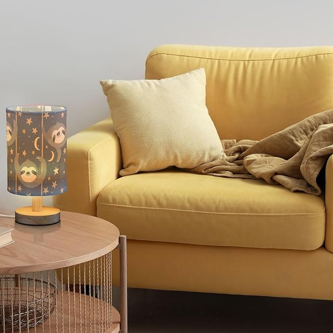 Cute Sloth Picking Stars Navy Blue Bedside Table Lamps with USB Port for Bedroom Lamp Accent Table Lamp Small Nightstand Lamp Sturdy Linen Shade Wooden Decorative Lamps for Kids|Reading|Dorm|Home
