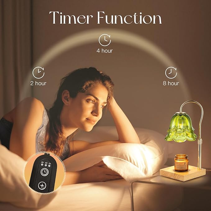 Candle Warmer Lamp with Timer: Green Flower Candle Warming Lamp with 2 Bulbs Height Adjustable Wax Warmer Dimmable Bedroom Decor Mothers Day Gift for Women