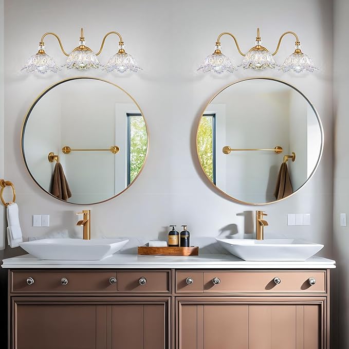 Vintage Bathroom Vanity Light, 3-Light Matte Brass Finish Vanity Light with Flower-Shaped Rainbow Glass Shades, Retro Wall Sconce for Bathroom