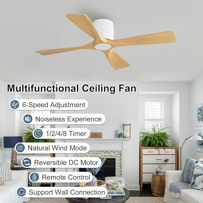 WINGBO Ceiling Fan no Light - 48 inch Solid Wood Flush Mount Ceiling Fan with Remote,4 Reversible Blades, 6-Speed Noiseless Powerful DC Motor, ETL Listed,White+Light Wood