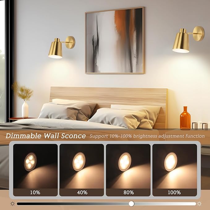 Gold Wireless Battery Operated Wall Sconces, Industrial Cordless Battery Powered Led Wall Lights Set of 2, Vintage Wall Lamp Fixture Indoor with Remote Control for Bedroom, Bathroom, Hallway