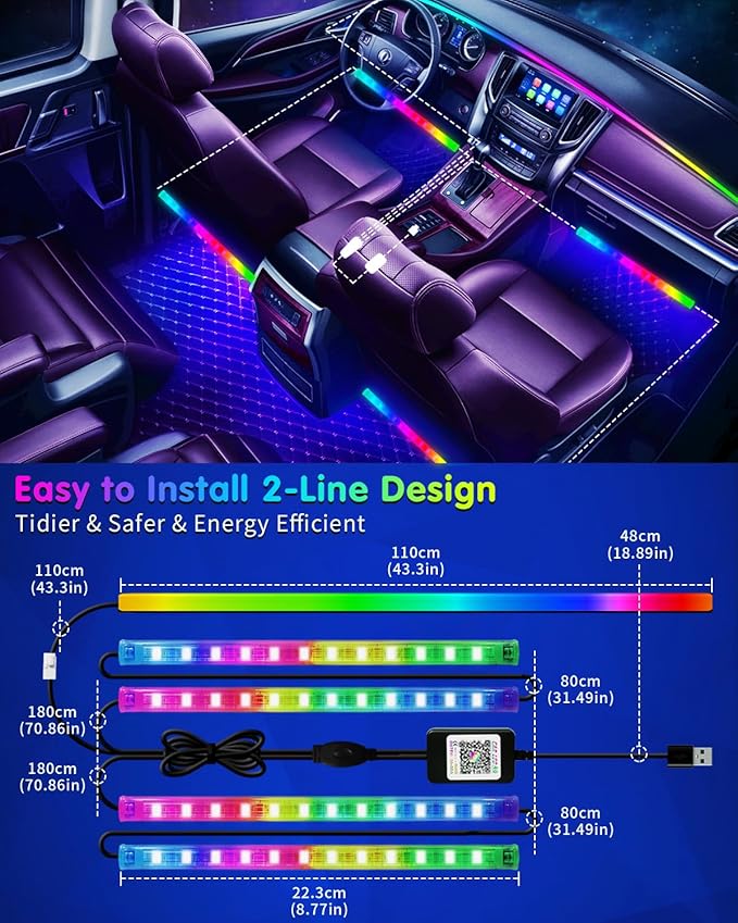 Car Led Light Interior, RGB Dreamcolor Inside Car Light Music Sync, Under Dash Footwell Automotive Strip Light, 12V Acrylic Strip Light for Vehicle, Truck,Jeep, SUV with Car Charger(1set)