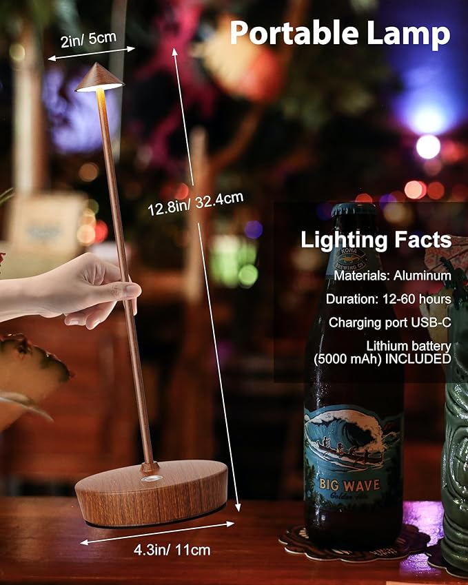 Cordless Table Lamps Rechargeable, 6000mAh Battery Operated LED Desk Lamp Outdoor Waterproof Portable Touch Dimmable Table Light for Patio Restaurant Dining Home Wood Grain