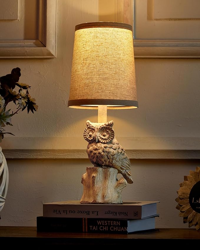 14.25" Small Table Lamp for Living Room Farmhouse Bedside Resin Single Lamp with White Owl Lamp Shape for Bedroom Retro Rustic Nightstand Lamp