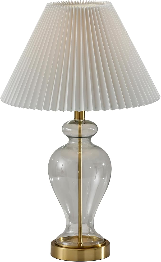 Adesso Table Lamp with Glass Base, Brass Accents, and Pleated White Fabric Lampshade – Bedside Table, Home Office Lighting, or Living Room Decor, 26” x 15”
