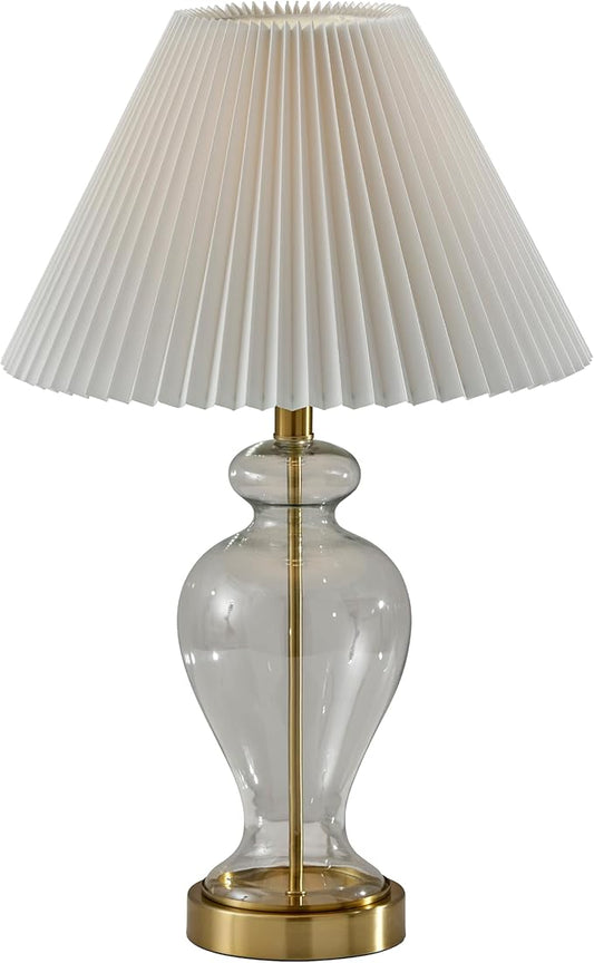 Adesso Table Lamp with Glass Base, Brass Accents, and Pleated White Fabric Lampshade – Bedside Table, Home Office Lighting, or Living Room Decor, 26” x 15”