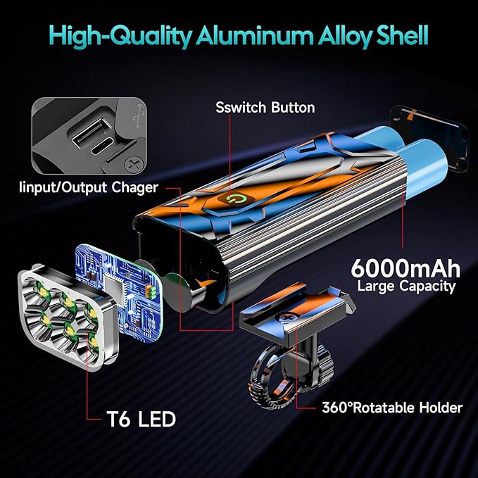 6 LED Super Bright Bike Light for Night Riding,5800 Lumens Upgrade Aluminum 6000 mAh Rechargeable Bicycle Light,Runtime 48+hrs,10 Modes Waterproof Safety Bike Headlight Taillight for Outdoor Cycling