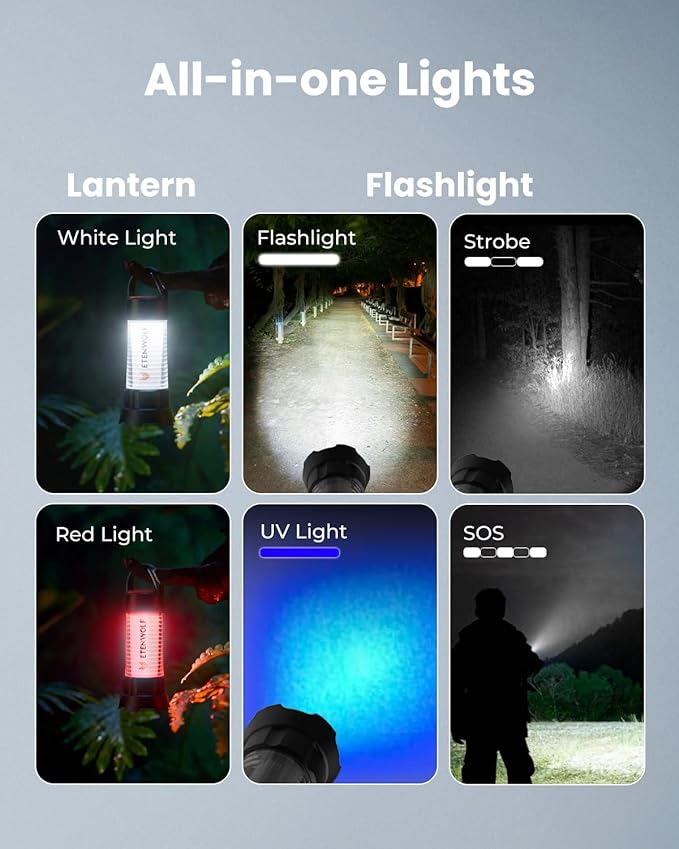 ETENWOLF 2-in-1 Mini Lantern and Flashlight,6 Modes1000LM Rechargeable Camping Light,5000mAh Super Bright Flashlight with UV,Waterproof Portable Tent Light for Camping,Emergency Light,Power Outage