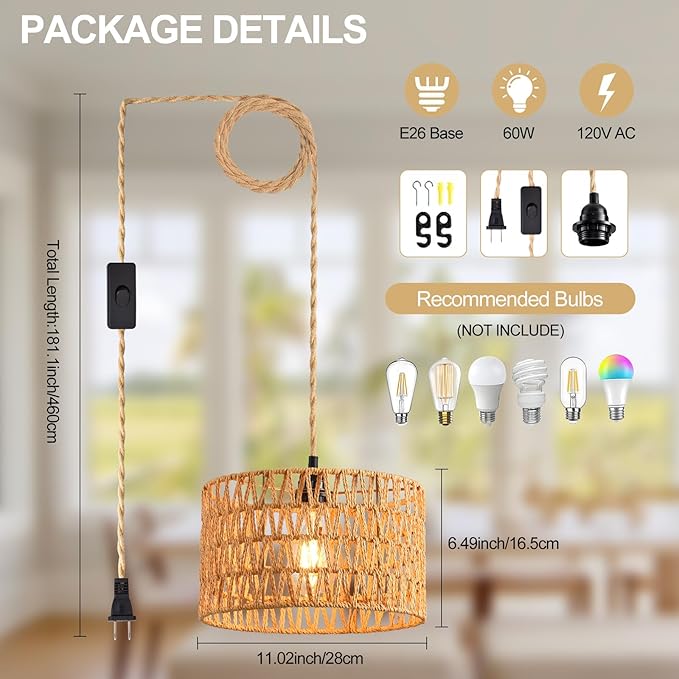 Industrial 15ft Pendant Light Cord -Plug in Hanging Light Fixture, 15FT Farmhouse Pendant Lamp Lights Cord with Switch Cord for Kitchen Island Bedroom Living Room