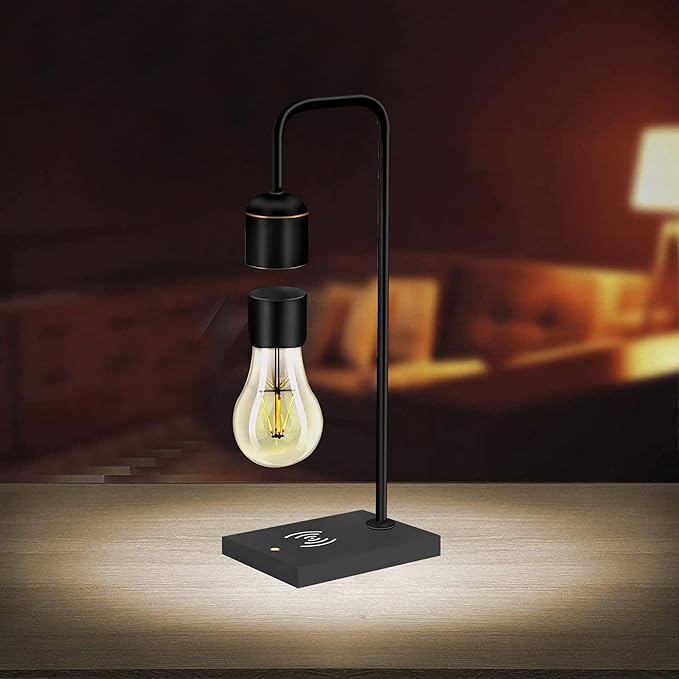 Unique Modern Levitating Lamp with Floating Light and Built-in Qi Wireless Charger, Simplistic and Innovative Design, Warm Decorative Night Light (Black Bulb)
