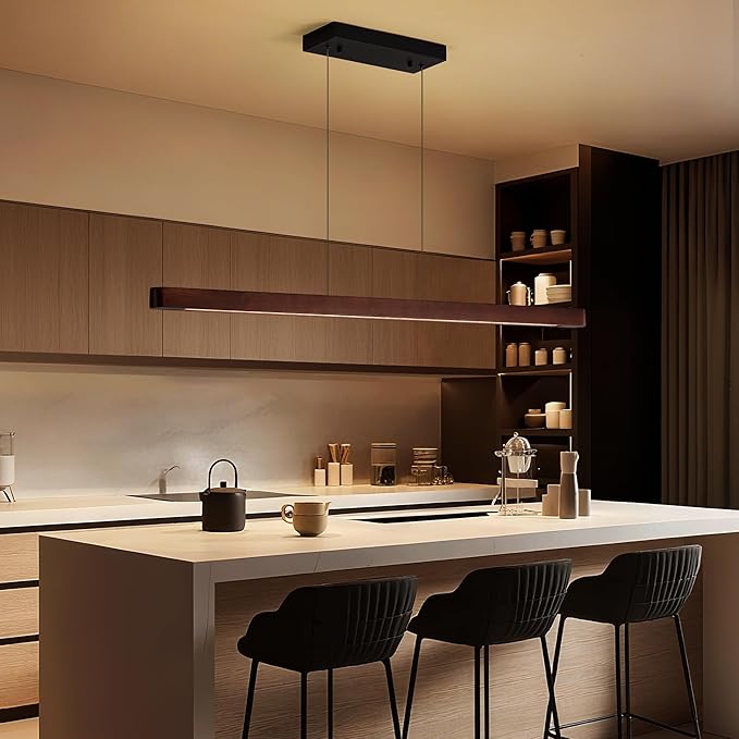 71" Wood Linear Pendant Light, Modern Pendant Lights Kitchen Island with Remote, 24W LED Wood Linear Hanging Chandelier for Dining Room, Kitchen Island, Bar, Pool Table-Walnut