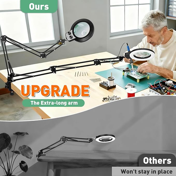 12X & 30X Magnifying Glass with Light, Ultra Long 3 Section Swing Arm LED Desk Lamp with Large Clamp, 3 Color and Brightness Hands Free Magnifier Light and Stand for Workbench Crafts Soldering