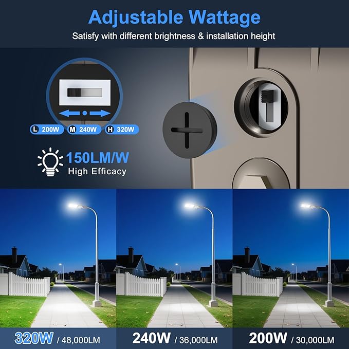 480 Volt 320W LED Parking Lot Light 48,000LM Power Adjustable, ETL DLC Listed LED Shoebox Pole Court Light Outdoor Parking Lighting with Slip Fit 5000K IP65 Waterproof 277-480V