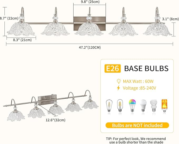 Brushed Nickel 5-Light Bathroom Vanity Light with Floral Clear Glass Shades, Brushed Nickel Wall Mount Lighting for Bathroom, Dressing Table