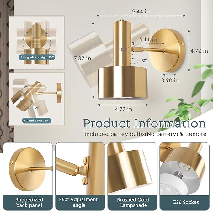 Battery Operated Wall Lights Set of 2, Wireless Battery Powered Wall Sconce, Modern Metal Indoor Wall Lamp, Dimmable with Remote, Suitable for Living Room Bedroom Golden-Like Brass Finish