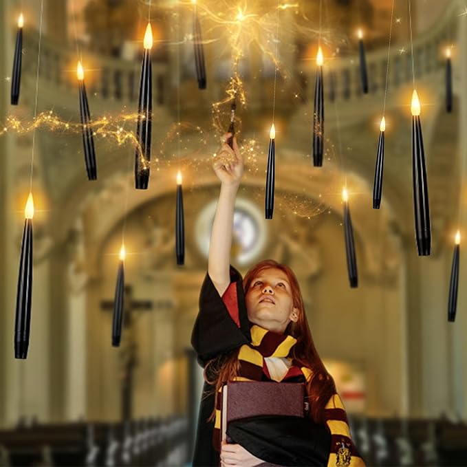 Floating Candles with Wand, Magic Halloween Decorations 10pcs Black Flameless Candles with Remote LED Battery Operated Candle for Halloween Decor Gift 6.1in