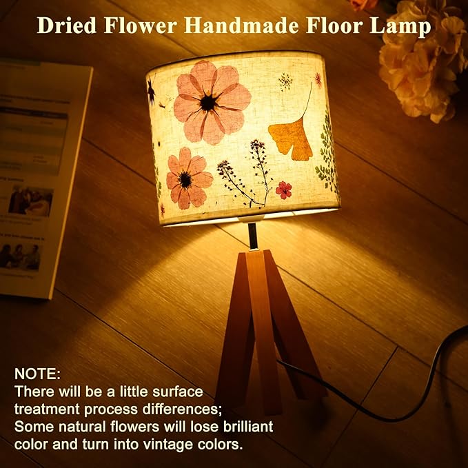 Dried Flowers Tripod Table Lamp 14.56in, 9W LED 3-Color Cute Bedside Lamp with Flowers Linen Lampshade for Nursery, Bedroom, Kid Room, Living Room, Light Brown Wooden Base