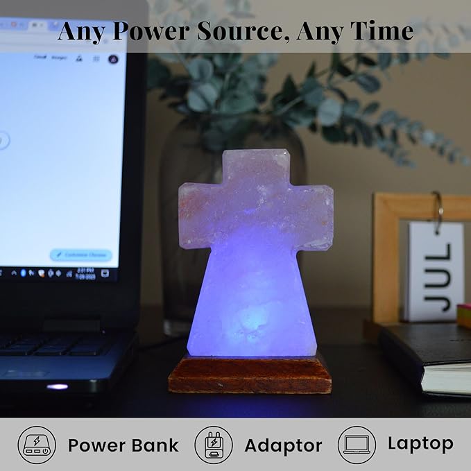POHS Himalayan USB Mini Salt Lamp, 7 Color Changing LED Bulb, Hand Crafted Crystal Rock Salt Night Light for Home Decor, Desk, and Gift | Premium Quality Wood Base and USB Cable (Cross)
