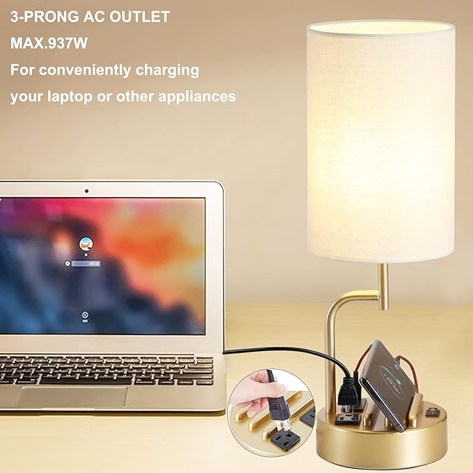 Dreamholder Table Lamp with 3 USB Charging Ports, Modern Desk Lamp with AC Outlet and Phone Stands, Perfect Bedside Lamp for Bedroom, Living Room, Office (Pack of 2), Gold