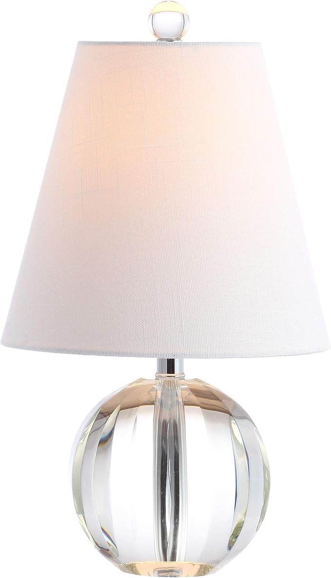 JONATHAN Y 16" Clear Crystal Ball LED Table Lamp, White Modern Bedside Lamp, with White Linen Empire Shade, Glam Orb Glass Nightstand Lamp for Living Room, LED Bulb JYL2079A