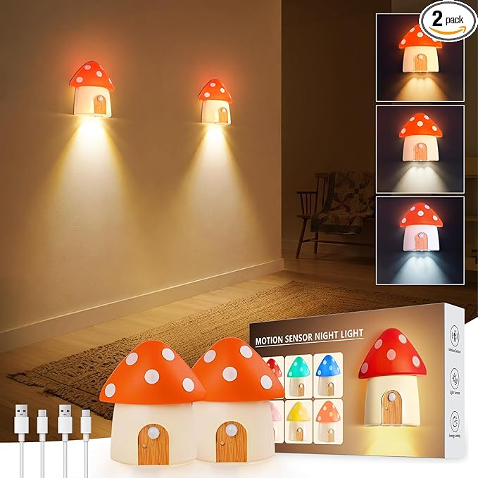 Cute Mushroom Light, Rechargeable Stair Lights, Motion Sensor Light Indoor, 3 Color Temperatures, Adjustable Brightness, Magnetic Nightlight for Hallway, Stairway, Kids Gift, Orange, 2 Pack