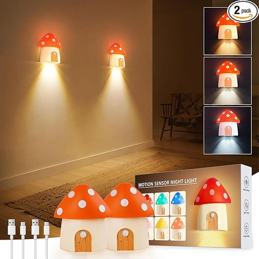 Cute Mushroom Light, Rechargeable Stair Lights, Motion Sensor Light Indoor, 3 Color Temperatures, Adjustable Brightness, Magnetic Nightlight for Hallway, Stairway, Kids Gift, Orange, 2 Pack