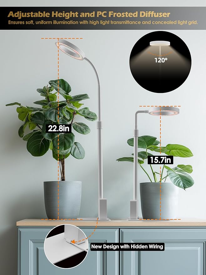 Smart Grow Lights for Indoor Plants, Plant Light with Auto-Timer, Full Spectrum LED Grow Light, Adjustable Height & Stepless Dimming,Plant Assistant Suitable for Most Plants (White, 12W)