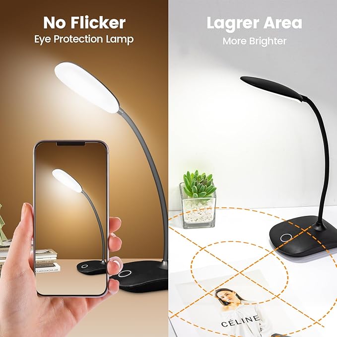 Battery Powered Desk Lamp, Portable Lamps Rechargeable 3 Color Mode Touch Control Stepless Dimming, Wireless Desk Lamp with 2000mAh, Small LED Table Light for Dorm Study Office Bedroom- Black (2-PACK)