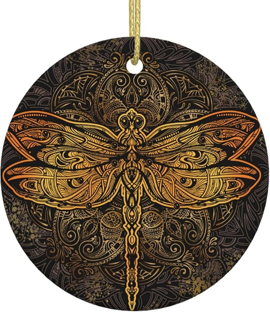 Exquisite Golden Dragonfly Mandala Christmas Ornaments, Christmas Decorations Xmas Tree Hanging Ornaments, Round Ceramic Festive Keepsake Gift for Christmas Decorations Holiday Home Party Decors