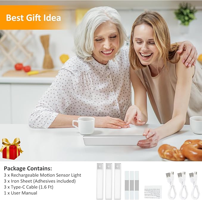 51-LED Motion Sensor Under Cabinet Lighting, 12-inch Magnetic Rechargeable Under Counter Closet Lights, Wireless Light Bar, 3-Pack, Neutral White