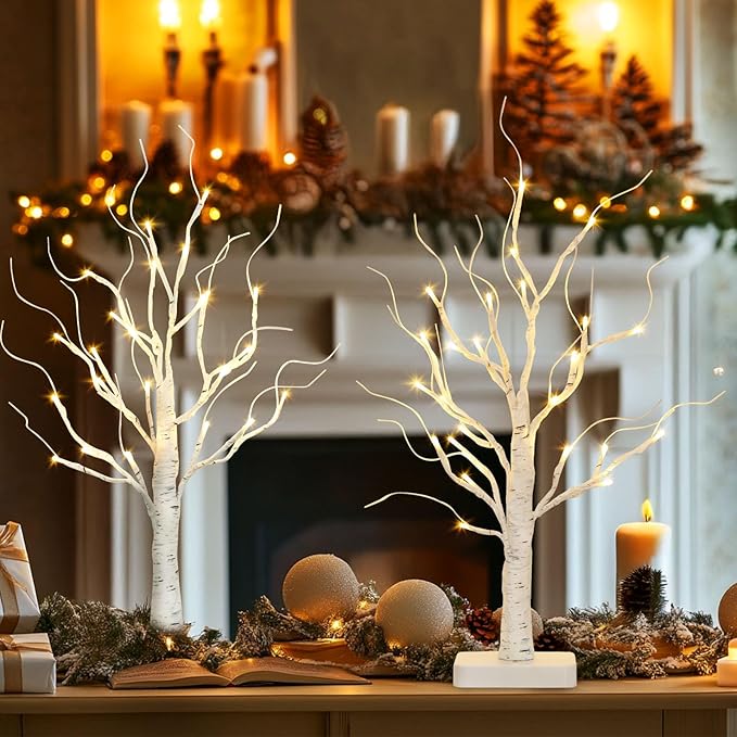 EAMBRITE Birch Tree with Led Lights, White Christmas Tree, Lighted Mini Small Artificial Tree Lamp Prelit Twig Trees Timer Battery Operated for Table Centerpiece Easter Home Decorations Indoor 2Pack