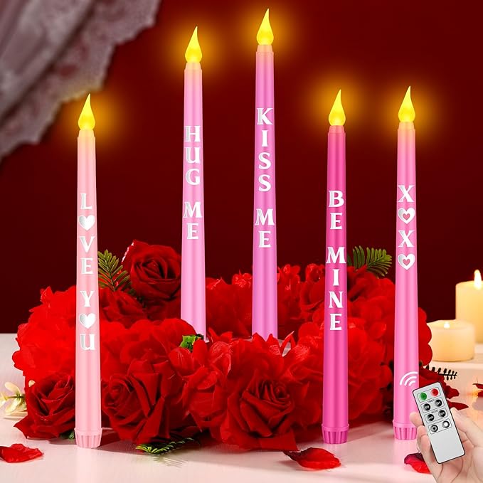 5 Pcs Valentines Day LED Flameless Candle Set Valentine Day Conversation Flameless Taper Candles with Words Battery Operated Seasonal Celebration with Remote for Wedding Romantic Night