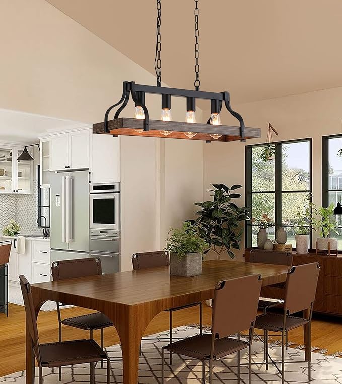 Rustic Kitchen Island Dining Room Light Fixture Farmhouse Linear Chandelier Black and Retro Wood Finish 4-Light Industrial Metal Hanging Pendant Light UL Listed L28.3 W10.6