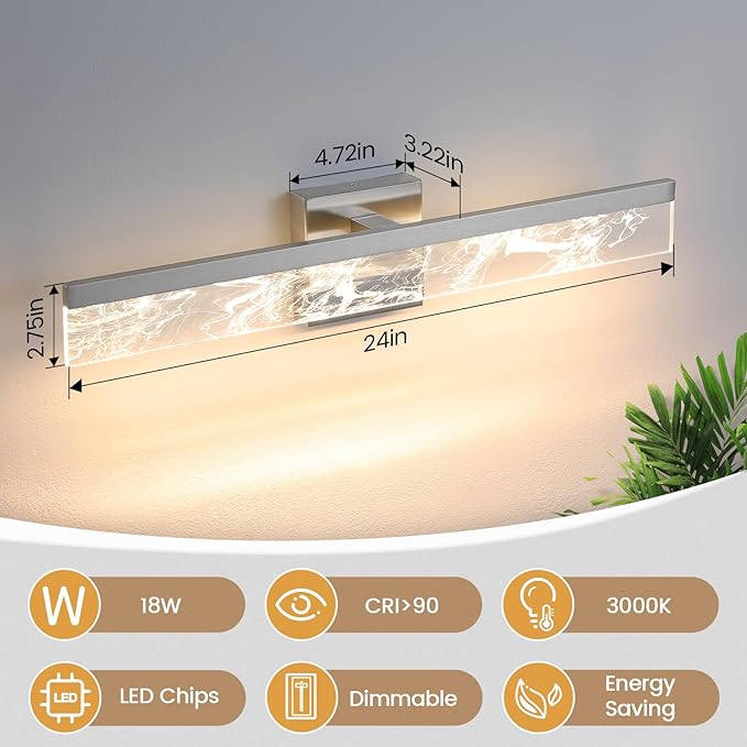 Brushed Nickel Vanity Light for Bathroom - 24 Inch Bathroom Lighting Fixtures Over Mirror 18W 3000K LED Vanity Lights Bar Modern Vanity Light Wall Mount