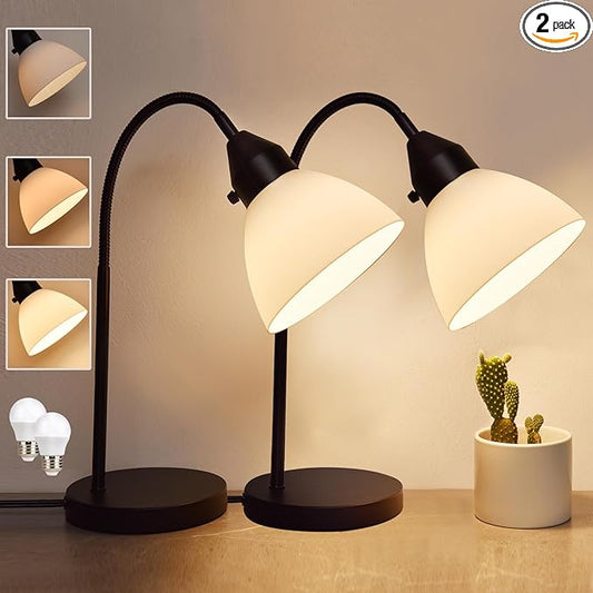 2 Pack LED Desk Lamp for Home Office, 3 Levels Dimmable Reading Light, Flexible Table Lamp for Bedside Office, Rotary Switch Control, Desk Lamp for College Dorm Study, Bulb Included, Black