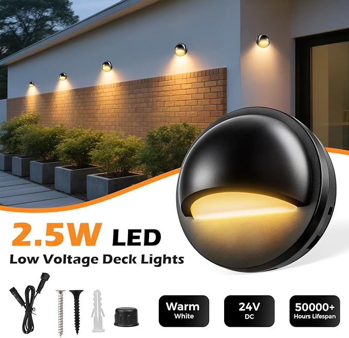Low Voltage LED Deck Lights Kit with Transformer Timer and Photocell Sensor, IP67 Waterproof Low Voltage Landscape Lighting, Step Lights for Outdoor Walkway Stair Post Railing (8 Pack)