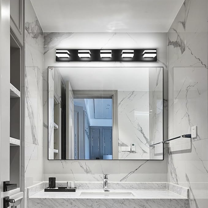 SOLFART Dimmable LED Vanity Lights for Bathroom, Modern Black Bathroom Vanity Lights Over Mirror, 5 Lights Bath Lighting Cool Light 6000K