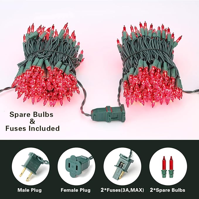 ODEETRONIC Red Christmas String Lights, 21.63ft 100 Count Incandescent Mini Lights String Connectable, UL Certified Indoor/Outdoor Green Wire Decorative Light for Xmas Tree, Patio, Party, Home Decor