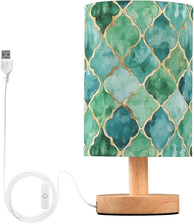 Teal Green and Gold Moroccan Tile Bedside Table Lamps with USB Port for Bedroom Lamp Table Lamp Small Nightstand Lamp Sturdy Linen Shade Wooden Decorative Lamps for Home Dorm Office Living Room
