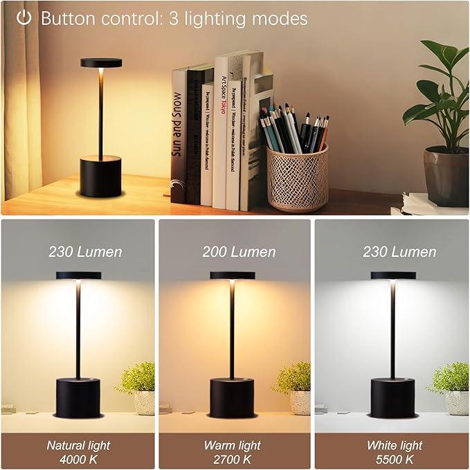 Cordless Table Lamp (2-Pack), Portable LED Rechargeable, 5000mAh Battery, 3 Color & Stepless Dimming, IP54 Waterproof Metal Lamp for Outdoor, Patio, Dining, Home Decor (Matte Black)