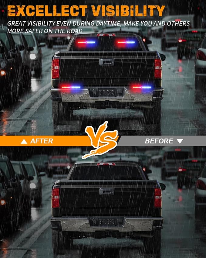 XRIDONSEN 2x 10.7 inch Red Blue Police Lights 24 LED Emergency Strobe Lights Warning Flashing Safety Side Window Front/Rear Windshield Light Grill Surface Mount for Law Enforcement Vehicles Trucks Car