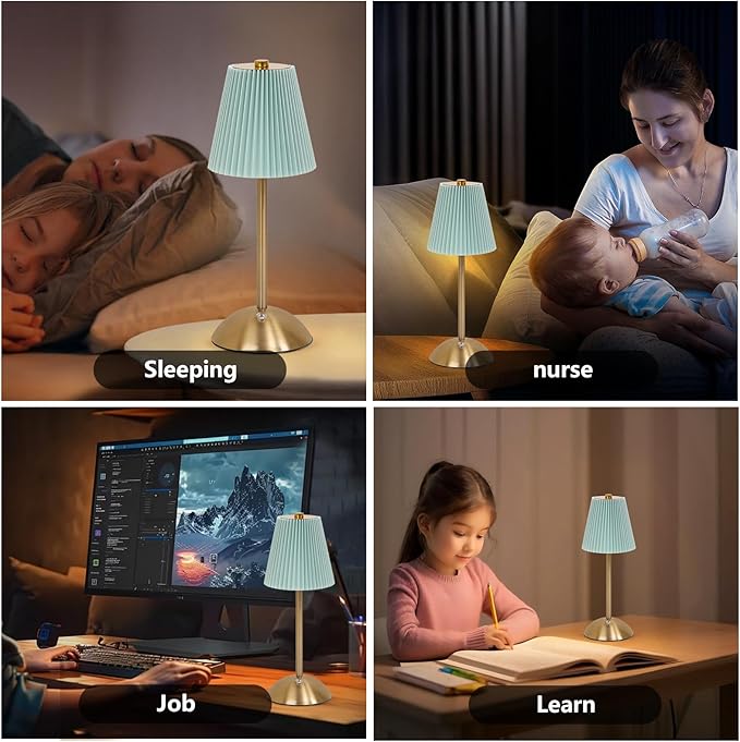 Cordless LED Blue Table Lamp with Dimmer, Built-in Rechargeable Battery, 3-Level Brightness, Patio Table Lamp, Bedside Night Lamp, Ambient Light for Restaurant, Antique Brass (Baby Blue)